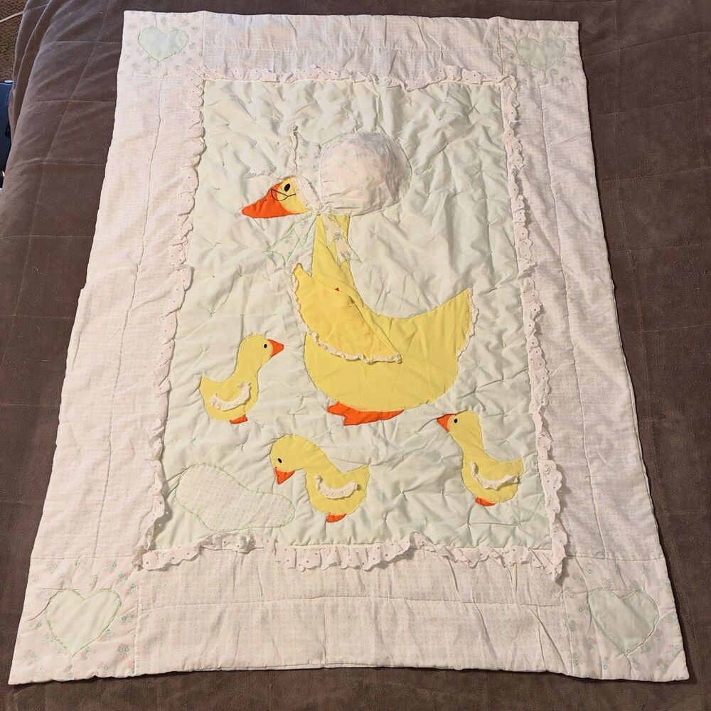 Vintage Mother Goose Baby Quilt 57”x42” Duck Lace Handmade Cottagecore Granny